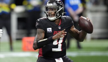 Falcons quarterback Michael Penix Jr. throws a pass against the Commaders during the 2025 season.