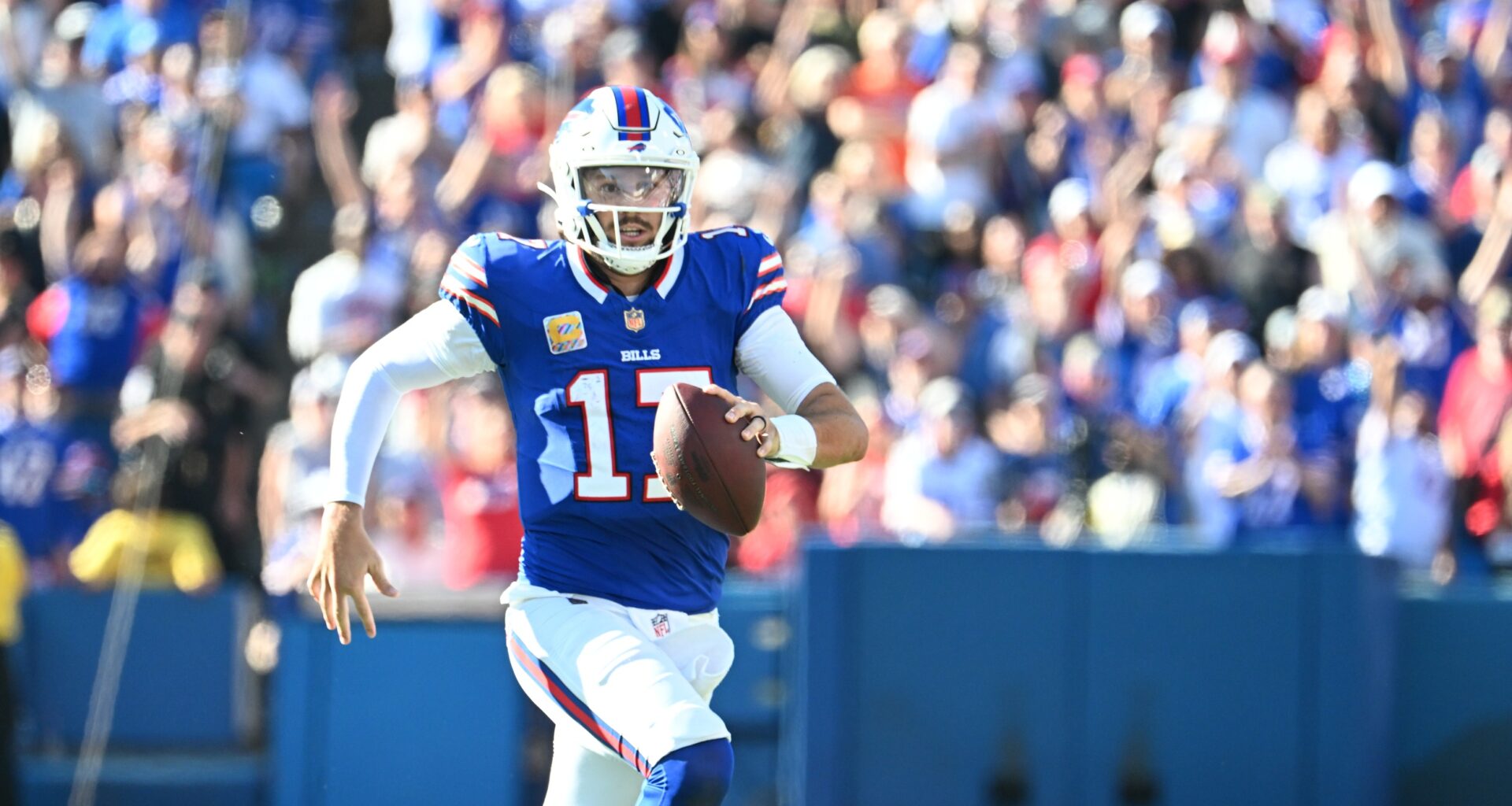 Bills superstar Josh Allen runs against the Saints during the 2025 NFL season.