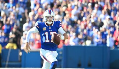 Bills superstar Josh Allen runs against the Saints during the 2025 NFL season.