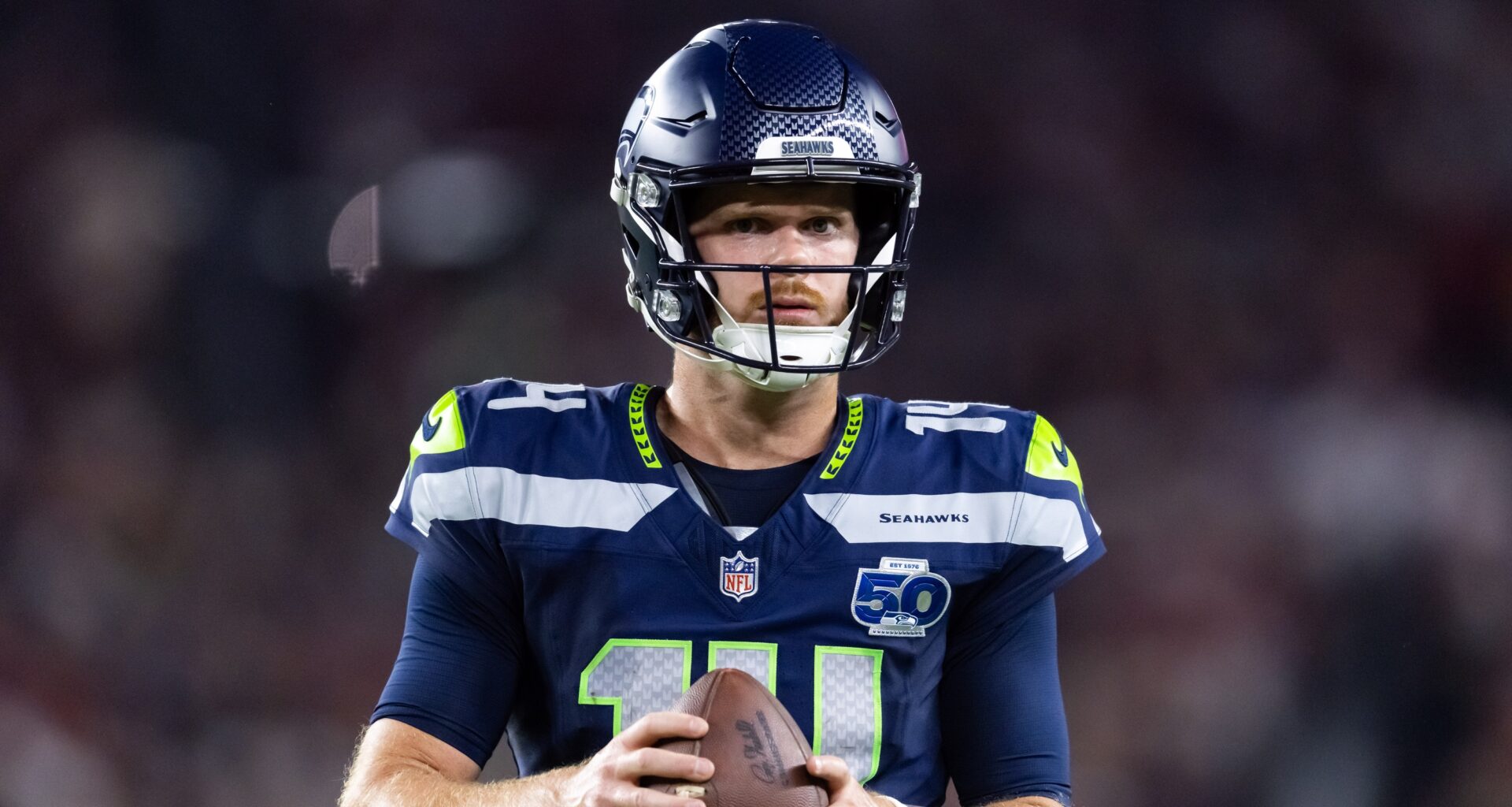 Seahawks quarterback Sam Darnold looks to throw against the Cardinals during the 2025 NFL season.