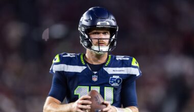 Seahawks quarterback Sam Darnold looks to throw against the Cardinals during the 2025 NFL season.