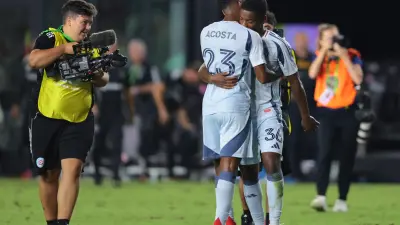 Sep 30, 2025; Fort Lauderdale, Florida, USA; Chicago Fire midfielder Kellyn Acosta (23) and defender Justin Reynolds (36) celebrate after the game against Inter Miami CF at Chase Stadium.