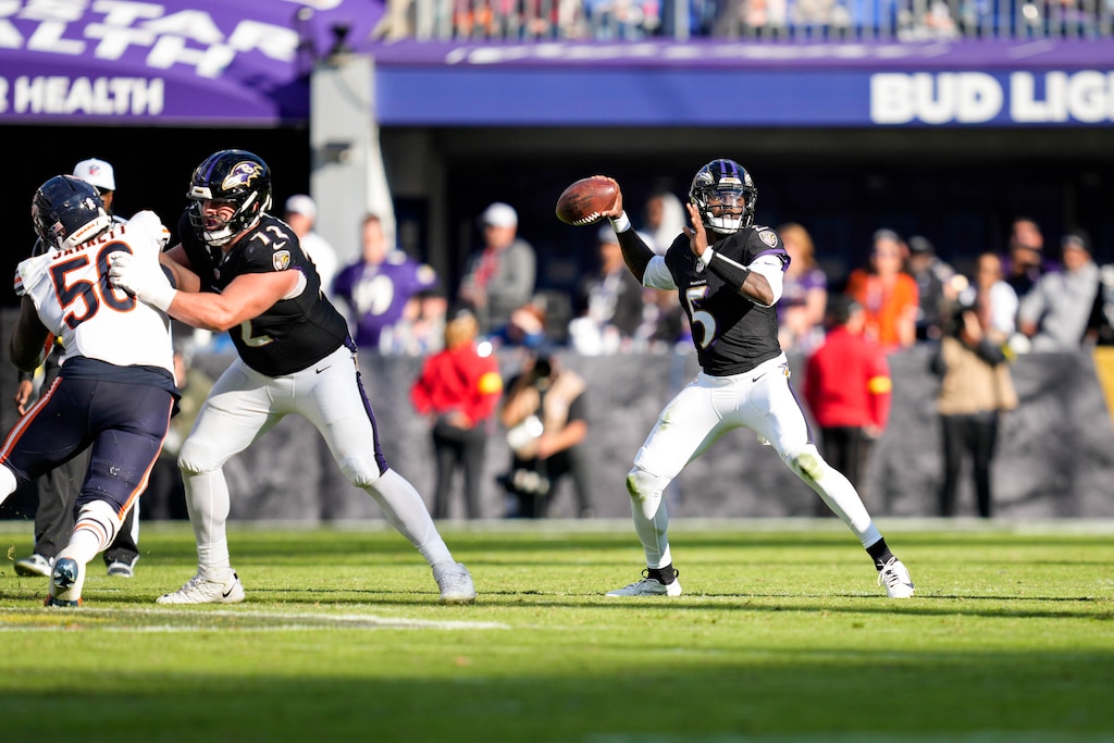 Baltimore Ravens quarterback Tyler Huntley (5) drops back to pass in the fourth quarter of a game against the Chicago Bears at M&T Bank Stadium in Baltimore, Md., on Sunday, Oct. 26, 2025.