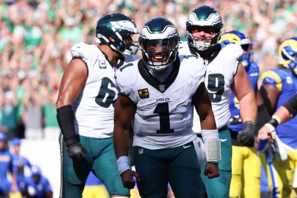Philadelphia Eagles quarterback Jalen Hurts (1) reacts after a touchdown pass to wide receiver Devonta Smith (not pictured) during the fourth quarter against the Los Angeles Rams at Lincoln Financial Field.