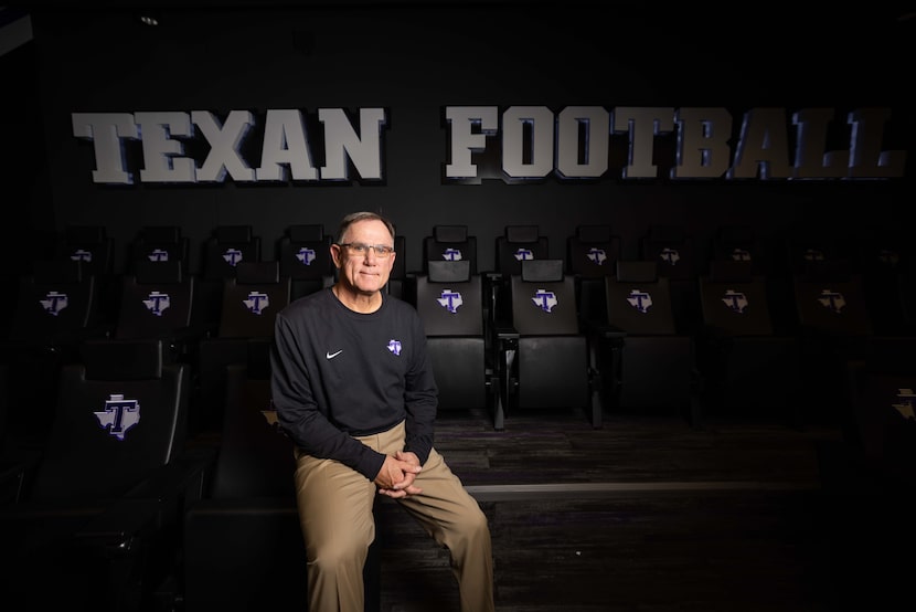Tarleton State Texans head coach Todd Whitten poses for a photo in the film room of the...