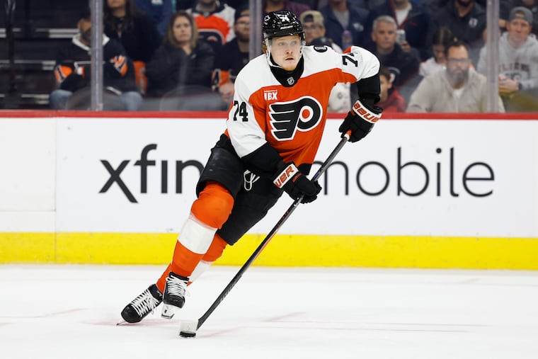 Flyers right wing Owen Tippett skates with the puck against the Winnipeg Jets on Oct. 16.