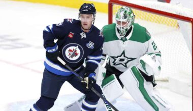 Winnipeg Jets left wing Kyle Connor (81) celebrates his second goal of the game against the Dallas Stars in the third period at Canada Life Centre.