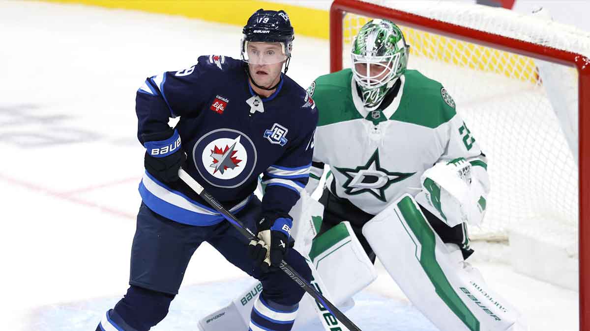 Winnipeg Jets left wing Kyle Connor (81) celebrates his second goal of the game against the Dallas Stars in the third period at Canada Life Centre.
