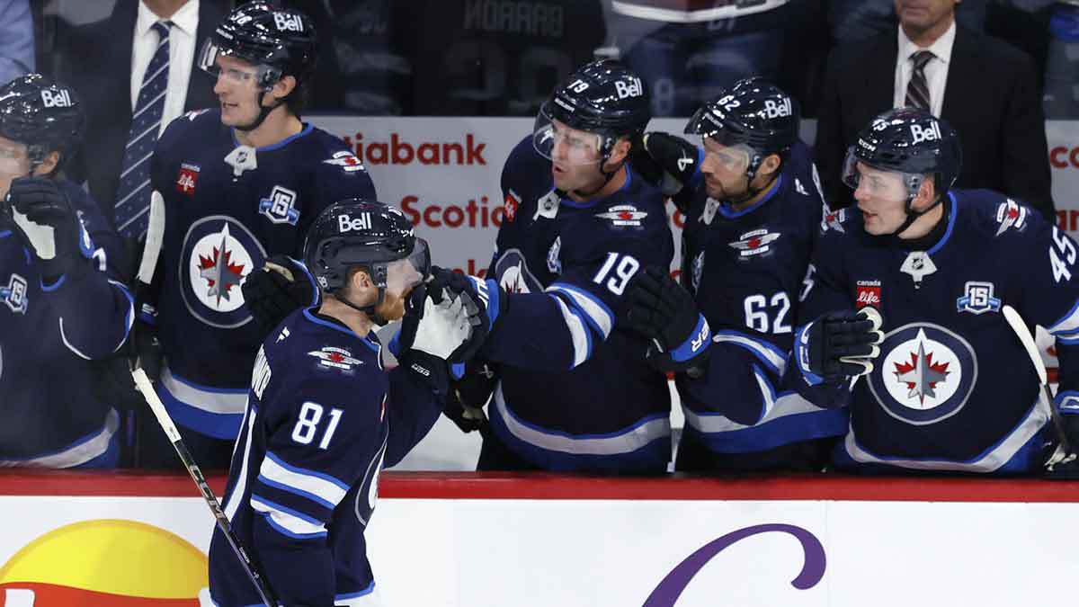 Winnipeg Jets left wing Kyle Connor (81) celebrates his second goal of the game against the Dallas Stars in the third period at Canada Life Centre.