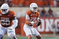 Texas quarterback Arch Manning (16) looks to pass against Sam Houston State during the first...