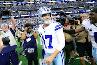 Dallas Cowboys place kicker Brandon Aubrey (17) is congratulated by teammates after kicking...