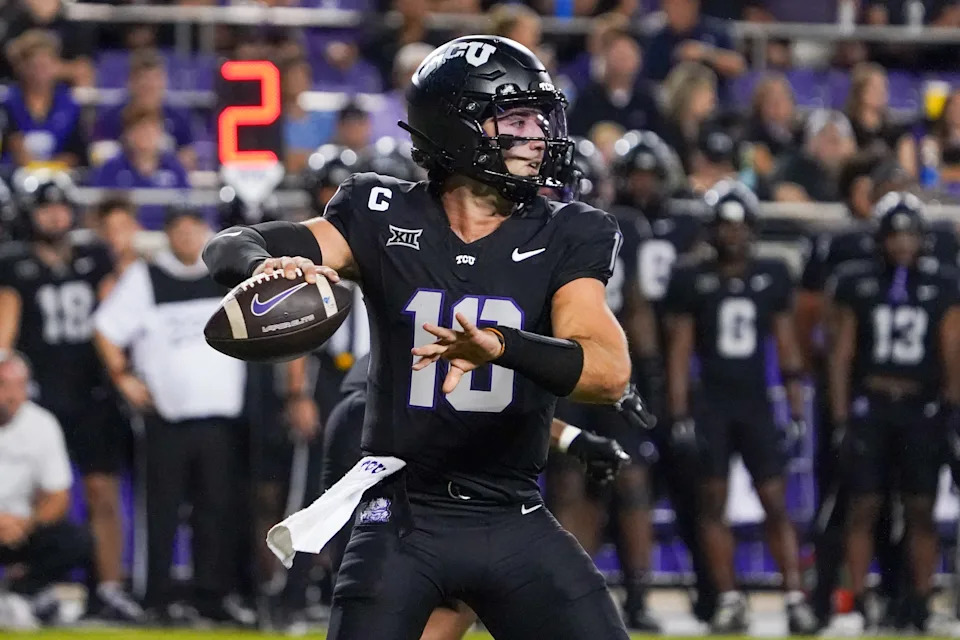 Oct 4, 2025; Fort Worth, Texas, USA; TCU Horned Frogs quarterback Josh Hoover (10) stands in the pocket against the Colorado Buffaloes during the first half at Amon G. Carter Stadium. Mandatory Credit: Raymond Carlin III-Imagn Images