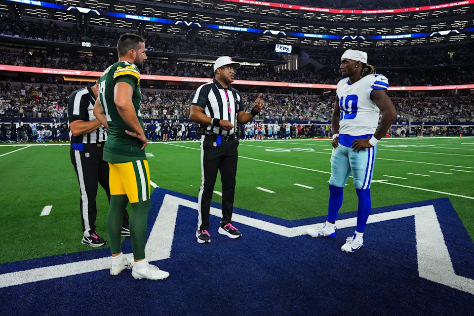 ARLINGTON, TEXAS - SEPTEMBER 28: Joe Milton III #10 of the Dallas Cowboys looks on from the field at the overtime coin toss during an NFL football game against the Green Bay Packers at AT&T Field on September 28, 2025 in Arlington, Texas. (Photo by Cooper Neill/Getty Images)