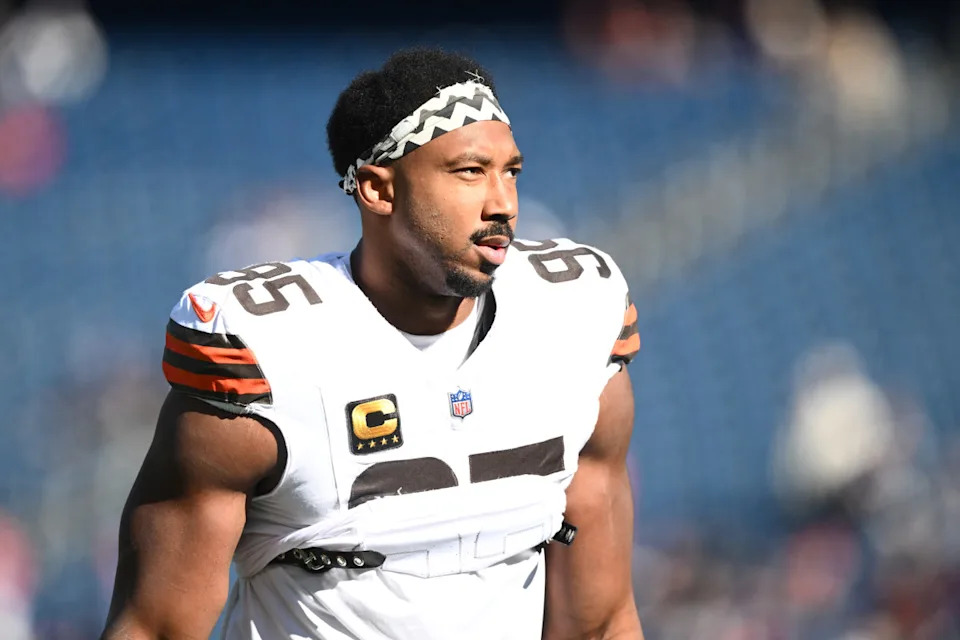 Oct 26, 2025; Foxborough, Massachusetts, USA; Cleveland Browns defensive end Myles Garrett (95) looks on during warm up prior to the game against the New England Patriots at Gillette Stadium. Mandatory Credit: Brian Fluharty-Imagn Images© Brian Fluharty-Imagn Images