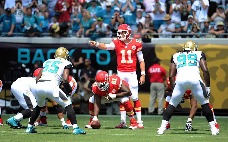 Sep 8, 2013; Jacksonville, FL, USA; Kansas City Chiefs quarterback Alex Smith (11) calls an audible during the game against the Jacksonville Jaguars at EverBank Field. Mandatory Credit: Melina Vastola-USA TODAY Sports