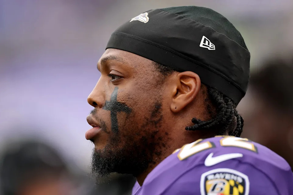 BALTIMORE, MARYLAND - OCTOBER 12: Derrick Henry #22 of the Baltimore Ravens looks on prior to the game against the Los Angeles Rams at M&T Bank Stadium on October 12, 2025 in Baltimore, Maryland. (Photo by Patrick Smith/Getty Images)
