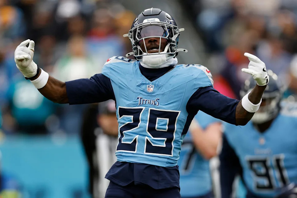 NASHVILLE, TENNESSEE - DECEMBER 08: Jarvis Brownlee Jr. #29 of the Tennessee Titans reacts after a tackle during the second half against the Jacksonville Jaguars at Nissan Stadium on December 08, 2024 in Nashville, Tennessee. (Photo by Wesley Hitt/Getty Images)