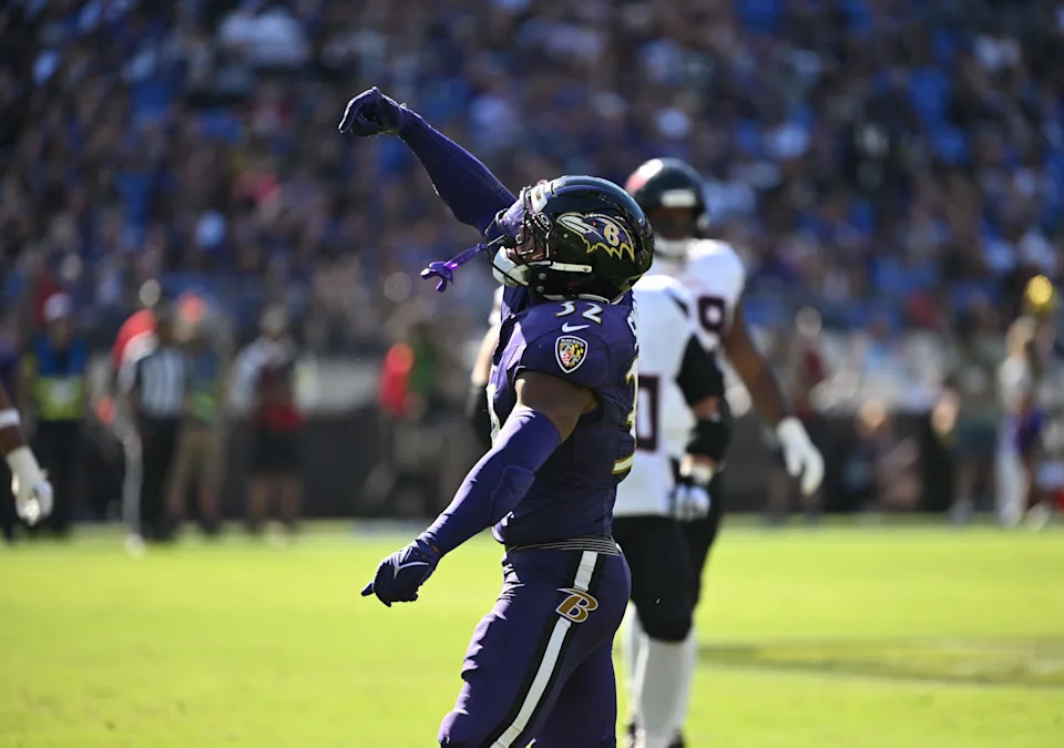 Oct 5, 2025; Baltimore, Maryland, USA; Baltimore Ravens linebacker Trenton Simpson (32) reacts after sacking Houston Texans quarterback C.J. Stroud (7, not pictured) during the fourth quarter at M&T Bank Stadium. Mandatory Credit: Rafael Suanes-Imagn Images