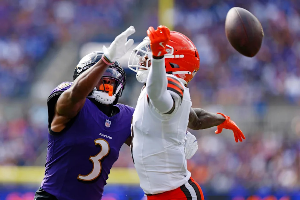 Sep 14, 2025; Baltimore, Maryland, USA; Baltimore Ravens cornerback Chidobe Awuzie (3) breaks up a pass intended for Cleveland Browns wide receiver Jerry Jeudy (3) during the second half at M&T Bank Stadium. Mandatory Credit: Peter Casey-Imagn Images