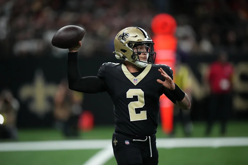 Oct 26, 2025; New Orleans, Louisiana, USA; New Orleans Saints quarterback Spencer Rattler (2) throws downfield during the first quarter against the Tampa Bay Buccaneers at Caesars Superdome. Mandatory Credit: Matthew Hinton-Imagn Images
