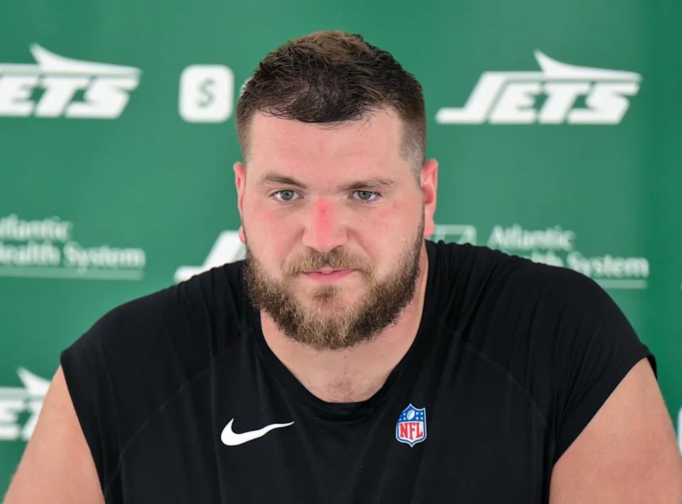 Jul 25, 2025; Florham Park, NJ, USA; New York Jets center Josh Myers (71) speaks to the media during training camp at Atlantic Health Jets Training Center. Mandatory Credit: John Jones-Imagn Images