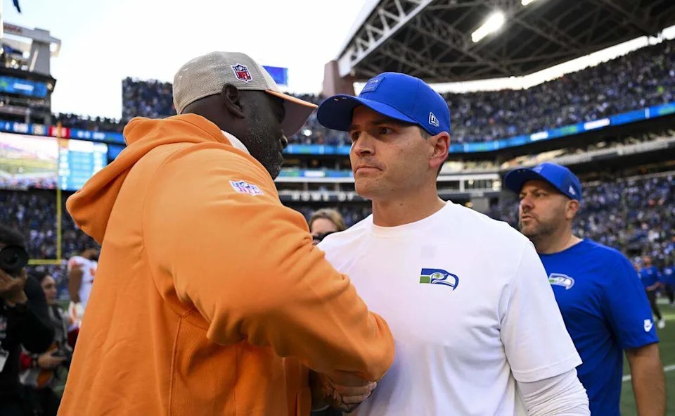 Tampa Bay Buccaneers head coach Todd Bowles and Seattle Seahawks head coach Mike MacDonald shake hands after the Seattle Seahawks 38-35 loss at Lumen Field, on Sunday, Oct. 5, 2025, in Seattle. Brian Hayes/bhayes@thenewstribune.com