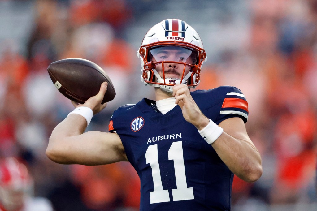 Auburn quarterback Jackson Arnold warms up before an NCAA college football game against Georgia.