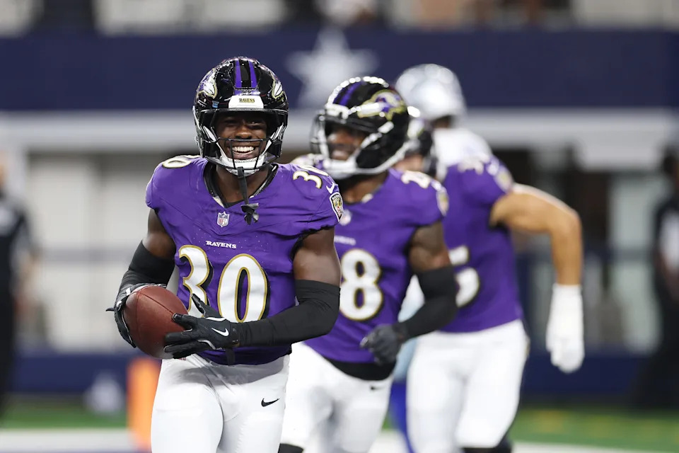 ARLINGTON, TEXAS - AUGUST 16: Reuben Lowery #30 of the Baltimore Ravens celebrates an interception against the Dallas Cowboys during the second quarter of an NFL Preseason 2025 game at AT&T Stadium on August 16, 2025 in Arlington, Texas. (Photo by Stacy Revere/Getty Images)