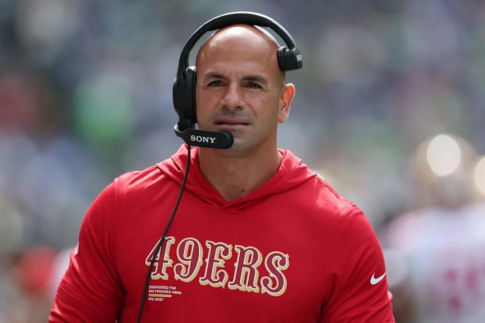 Defensive coordinator Robert Saleh of the San Francisco 49ers looks on during the second quarter against the Seattle Seahawks during the game at Lumen Field on September 07, 2025 in Seattle, Washington. Getty Images