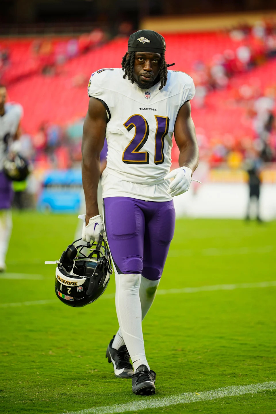 Sep 28, 2025; Kansas City, Missouri, USA; Baltimore Ravens safety Sanoussi Kane (21) leaves the field after a game against the Kansas City Chiefs at GEHA Field at Arrowhead Stadium. Mandatory Credit: Jay Biggerstaff-Imagn Images