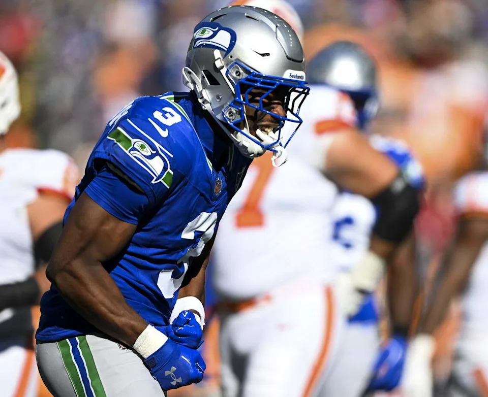 Seattle Seahawks safety Nick Emmanwori (3) reacts to a stop against the Tampa Bay Buccaneers during the third quarter of the game at Lumen Field, on Sunday, Oct. 5, 2025, in Seattle. Brian Hayes/bhayes@thenewstribune.com