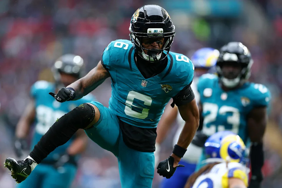 Greg Newsome II of Jacksonville Jaguars reacts after tackling Jordan Whittington of the Los Angeles Rams.