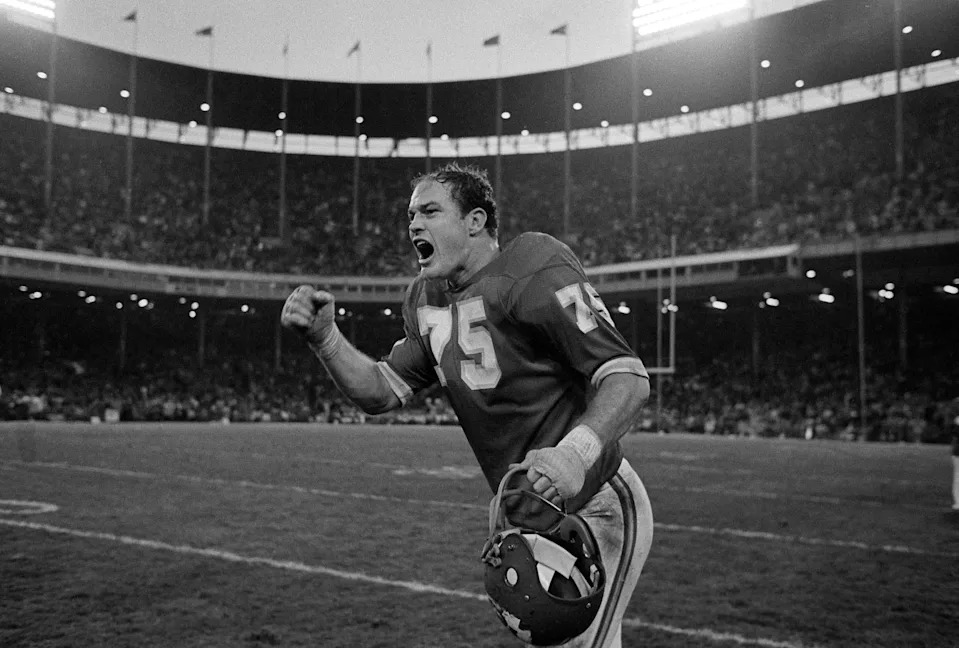 Nov 1, 1970; Kansas City, MO, USA; FILE PHOTO; Kansas City Chiefs defensive end Jerry Mays (75) reacts on the sideline against the Oakland Raiders at Municipal Stadium. The teams played to a 17-17 tie. Mandatory Credit: Rod Hanna-USA TODAY Sports