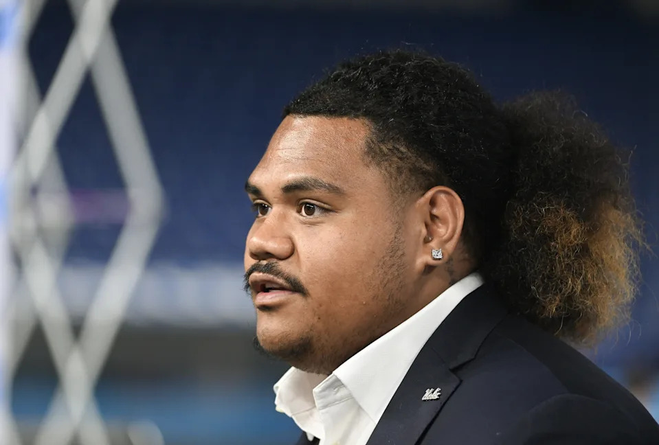 Jul 24, 2024; Indianapolis, IN, USA; UCLA Bruins defensive lineman Jay Toia speaks to the media during the Big 10 football media day at Lucas Oil Stadium. Mandatory Credit: Robert Goddin-USA TODAY Sports