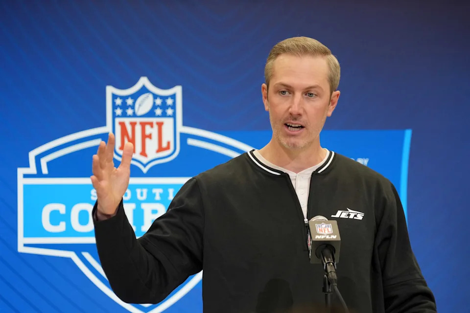Feb 25, 2025; Indianapolis, IN, USA; New York Jets general manager Darren Mougey speaks during the NFL Scouting Combine at the Indiana Convention Center. Mandatory Credit: Kirby Lee-Imagn Images