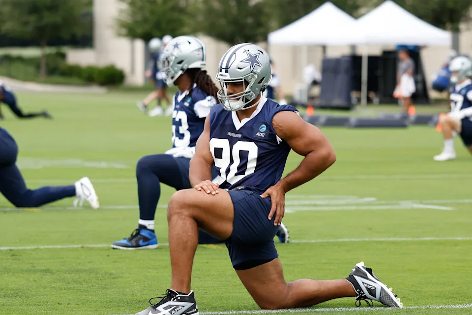 Jun 10, 2025; Arlington, TX, USA; Dallas Cowboys defensive tackle Solomon Thomas (90) goes through a drill during practice at the Ford Center at the Star Training Facility in Frisco, Texas. Mandatory Credit: Chris Jones-Imagn Images