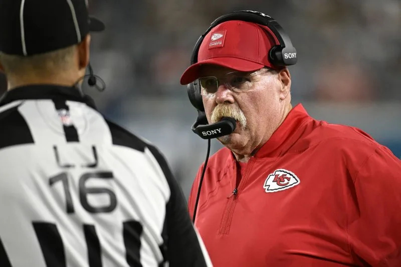 Kansas City Chiefs coach Andy Reid has words with the referee in the fourth quarter Monday at EverBank Stadium in Jacksonville, Fla. Photo by Joe Marino/UPI