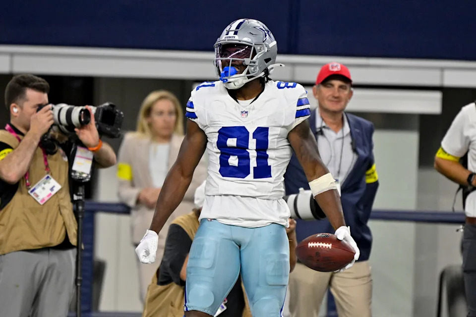 Aug 16, 2025; Arlington, Texas, USA; Dallas Cowboys wide receiver Jonathan Mingo (81) celebrates after he catches a pass for a first down against the Baltimore Ravens during the second half at AT&T Stadium. Mandatory Credit: Jerome Miron-Imagn Images