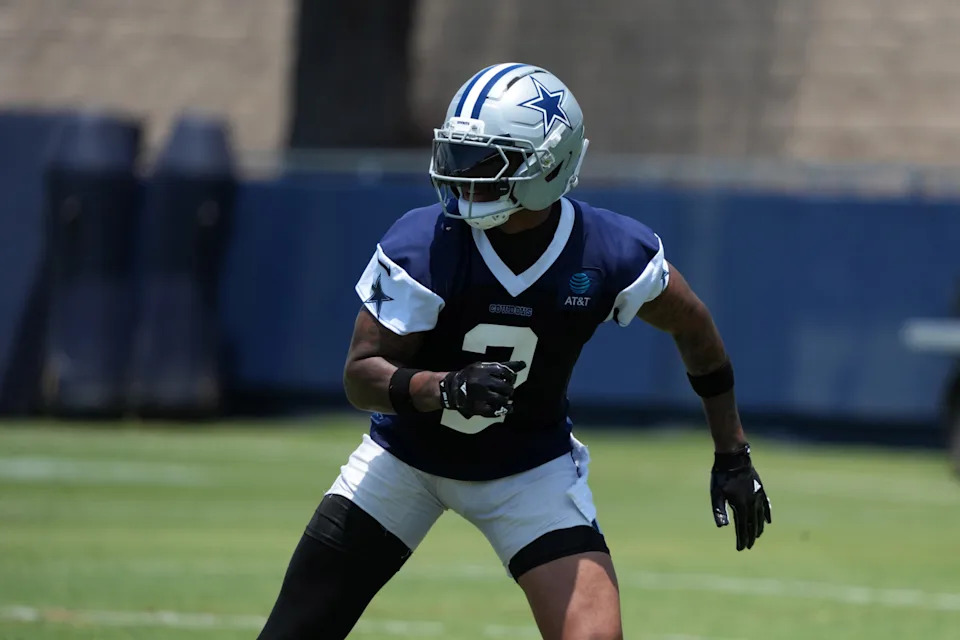 Jul 22, 2025; Oxnard, CA, USA; Dallas Cowboys safety 
Juanyeh Thomas (2) during training camp at the River Ridge Fields. Mandatory Credit: Kirby Lee-Imagn Images
