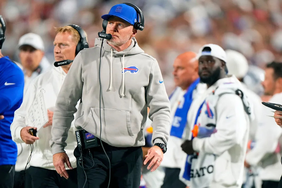 Oct 5, 2025; Orchard Park, New York, USA; Buffalo Bills head coach Sean McDermott during the first half at Highmark Stadium. Mandatory Credit: Gregory Fisher-Imagn Images