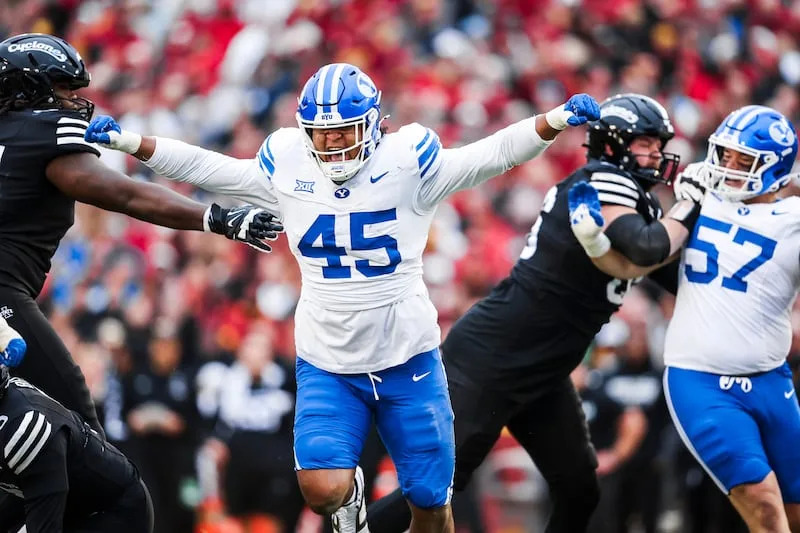 BYU defensive lineman Viliami Po'uha celebrates after making a play against Iowa State on Oct. 25, 2025 at Jack Trice Stadium in Ames, Iowa. | Jaren Wilkey/BYU PHOTO