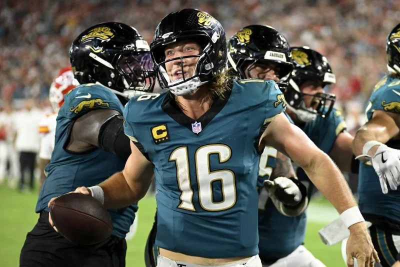 Jacksonville Jaguars quarterback Trevor Lawrence celebrates after scoring a touchdown against the Kansas City Chiefs on Monday at EverBank Stadium in Jacksonville, Fla. Photo by Joe Marino/UPI