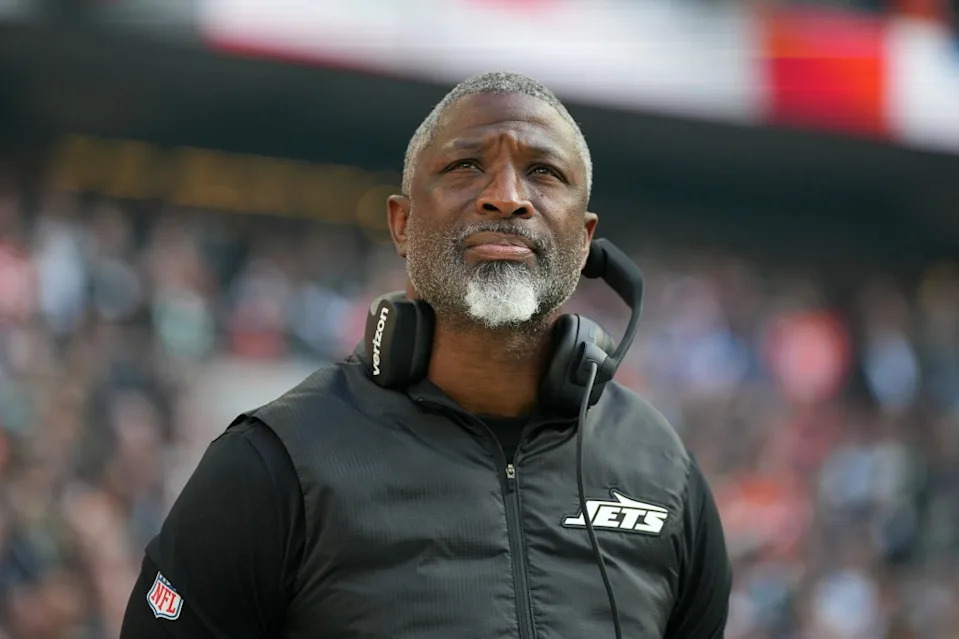 Aaron Glenn looks on during the Jets-Broncos game on Oct. 12, 2025. AP