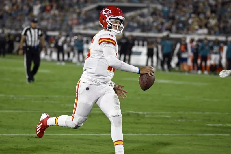 Kansas City Chiefs quarterback Patrick Mahomes scrambles to score a touchdown in the first quarter against the Jacksonville Jaguars on Monday at EverBank Stadium in Jacksonville, Fla. Photo by Joe Marino/UPI