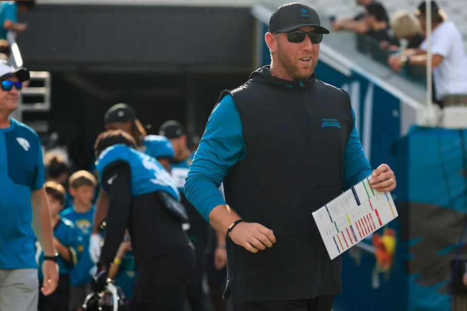 Jacksonville Jaguars head coach Liam Coen runs on the field during an NFL scrimmage event at EverBank Stadium, Friday, Aug. 1, 2025, in Jacksonville, Fla. [Corey Perrine/Florida Times-Union]