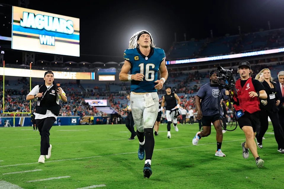 Jacksonville Jaguars quarterback Trevor Lawrence (16) runs off the field after the game of an NFL football matchup at EverBank Stadium, Monday, Oct. 6, 2025, in Jacksonville, Fla. The Jacksonville Jaguars edged the Kansas City Chiefs 31-28. [Corey Perrine/Florida Times-Union]