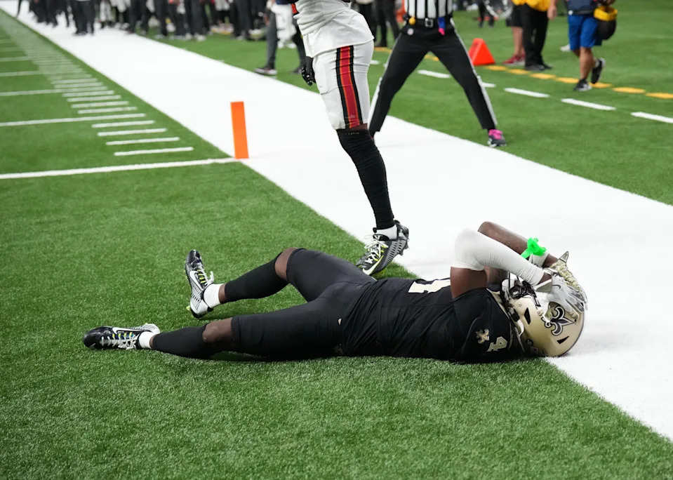 New Orleans Saints cornerback Kool-Aid McKinstry reacts after missing a pass intended for Tampa Bay Buccaneers wide receiver Sterling Shepard.