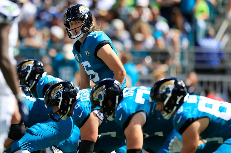 Jacksonville Jaguars quarterback Trevor Lawrence (16) calls a play during the second quarter of an NFL football matchup, Sunday, Oct. 12, 2025, at EverBank Stadium in Jacksonville, Fla. The Seahawks defeated the Jaguars 20-12. [Corey Perrine/Florida Times-Union]