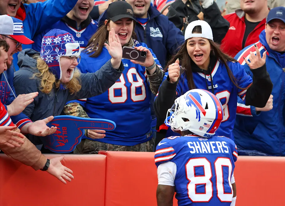 ORCHARD PARK, NEW YORK - DECEMBER 29: Tyrell Shavers #80 of the Buffalo Bills celebrates after a fourth quarter touchdown against the New York Jets at Highmark Stadium on December 29, 2024 in Orchard Park, New York. (Photo by Timothy T Ludwig/Getty Images)