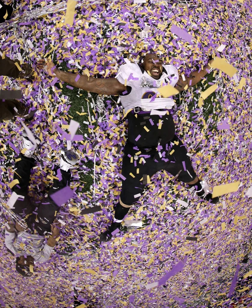 Arthur Jones #97 of the Baltimore Ravens celebrates after the Ravens won 34-31 against the San Francisco 49ers during Super Bowl XLVII. Getty Images